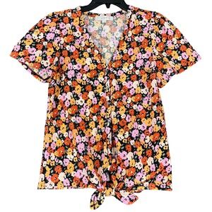 Loft Floral Button Front Tie Hem Blouses Short Sleeve S Womens Ditzy Floral